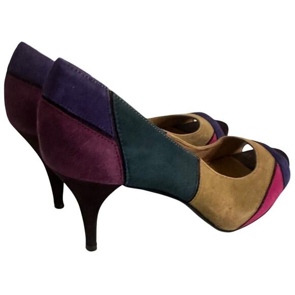 Nine West Kaspiao Open Toe Suede High Heel Dopamine Patchwork Size 8M Y2K - Picture 3 of 16